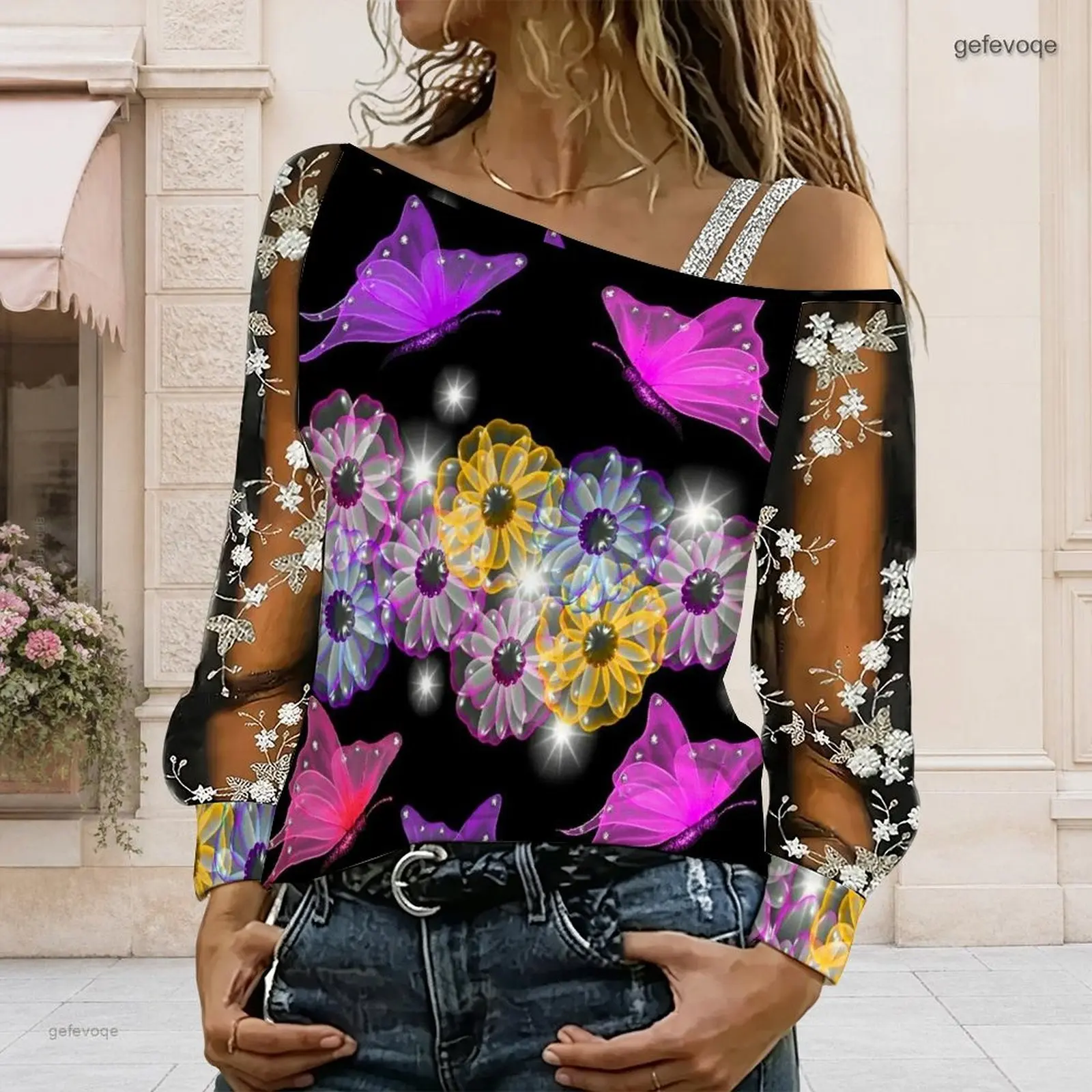Women Off Shoulder Blouse Asymmetric One Shoulder Top Lace Floral Mesh Long Sleeve Sling Detail Loose Casual T Shirt