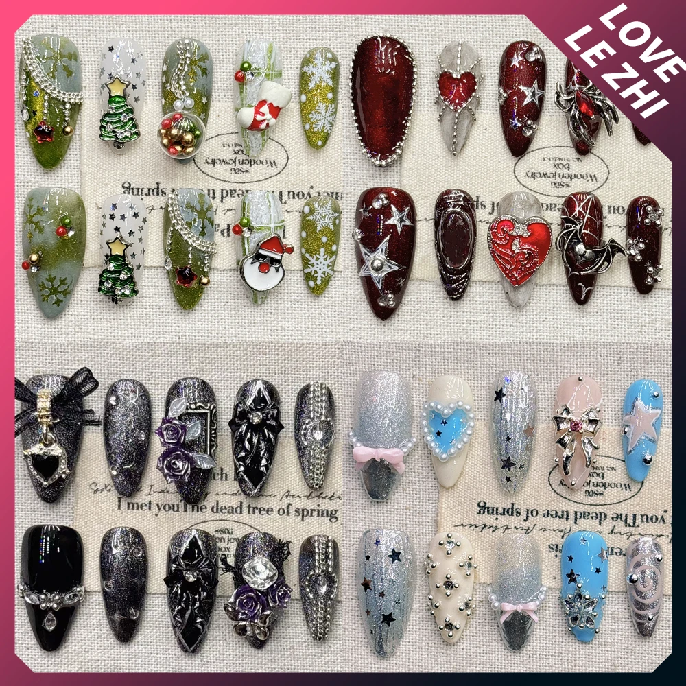

10Pcs Spicy Girl Handmade Square Almond Press On Nail Metal Bow Photo Frame Spider Flower Diamond Pearl Fake Nail Christmas Gift
