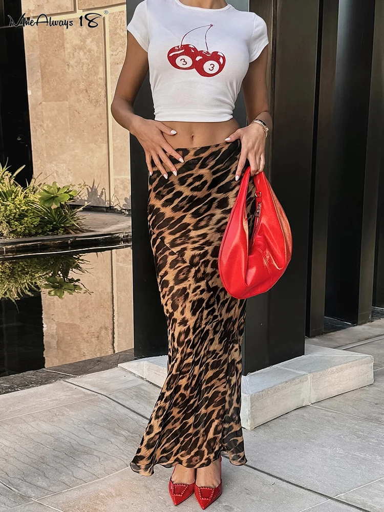 Mnealways18 Leopard Print Floor-Length Fishtail Skirts For Women Vacation 2024 High Waist Long Skirts Office Ladies Maxi Skirts