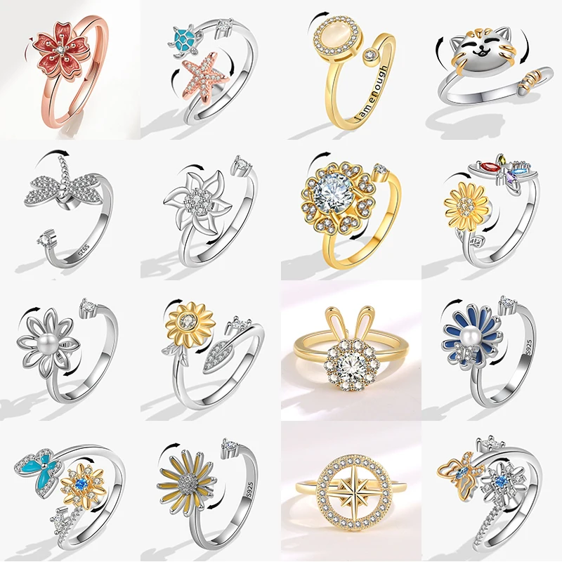 2025 New Fidget Spinner Ring Anxiety for Women Luxury Sakura Starfish Dragonfly Kitty Animal Rings Anti Stress Wedding Jewelry 