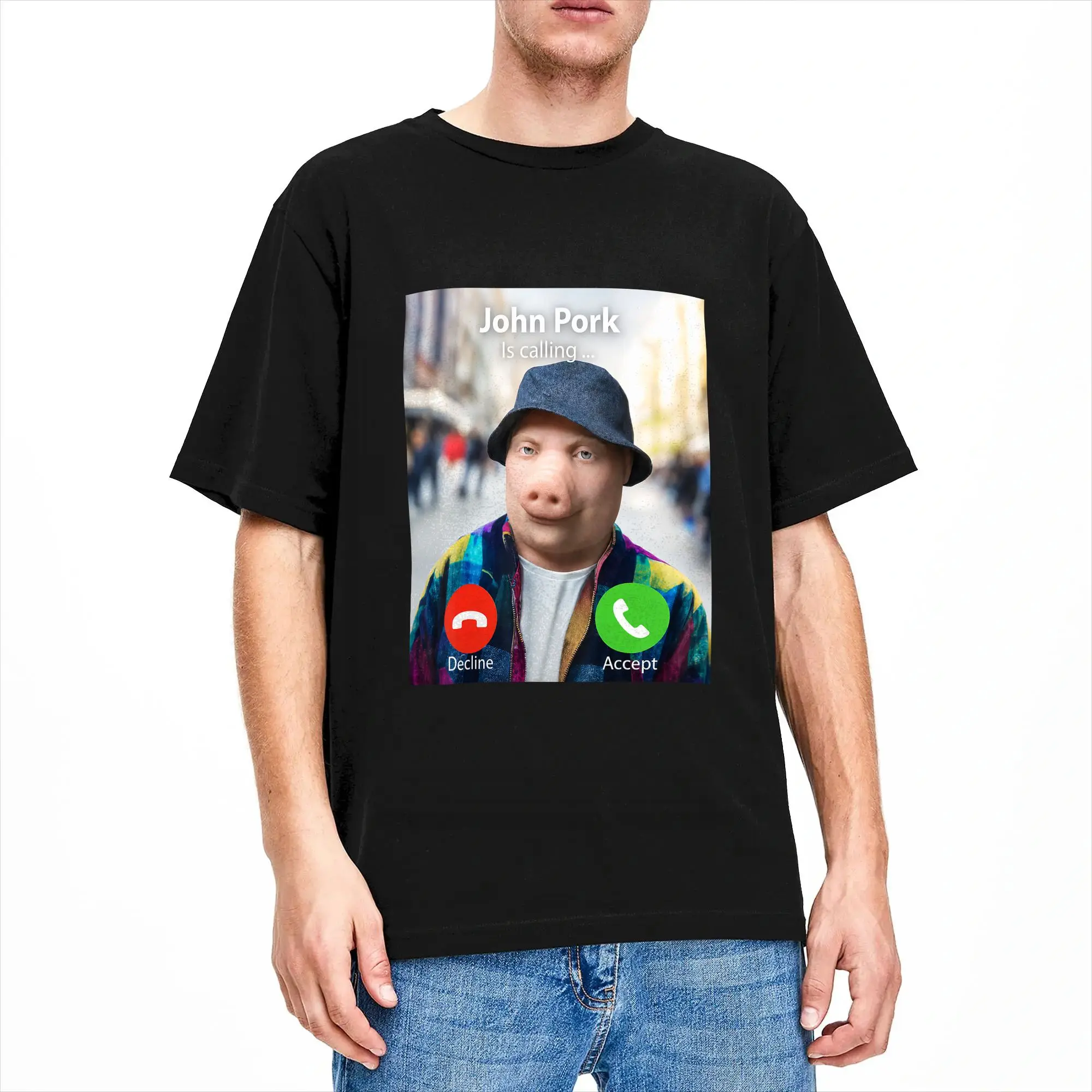 Vintage John Pork is Calling Funny Pig Meme Brainrot T-Shirts Men O Neck Cotton T Shirt Short Sleeve Tee Shirt Plus Size Clothes