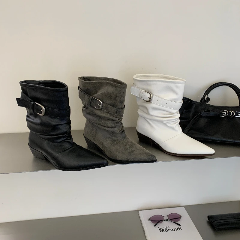 Pointed Toe Women Ankle Boots Elegant Metal Buckle Strap Low Wedge Heel Shoes Street Style Modern Short Botas Para Mujer