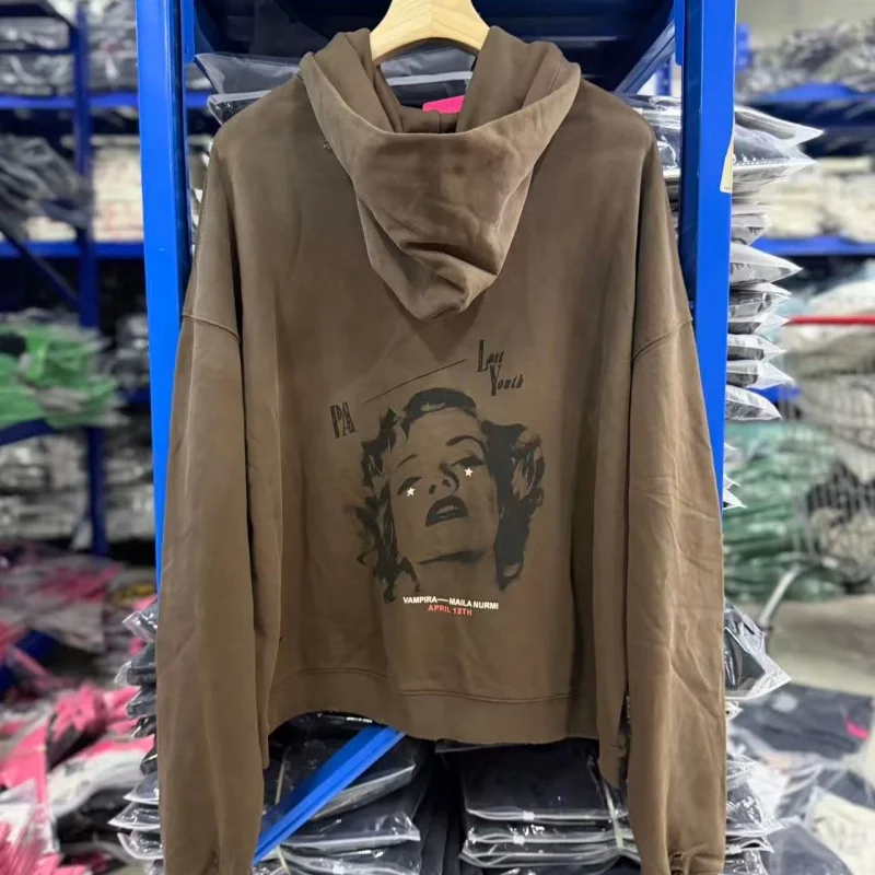 Y2K Distressed Hole Brown Hoodie Retro Movie Print Street Sweatshirt