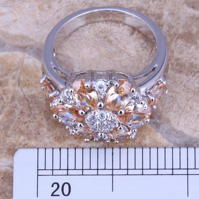 Awesome Champagne White CZ Silver Plated Women\'s  Flower Ring Size 6 E026