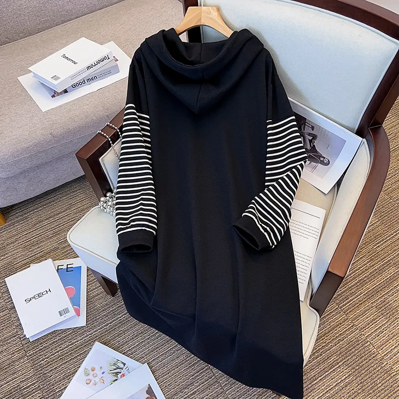 2023 Autumn Winter Women's Hooded Hoodies Dresses Loose Patchwork Oversize Lady Vestidos Patchwrok Striped Female Robe KE3695