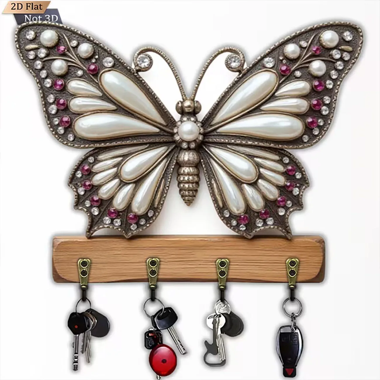 2D flat key hook with vintage jewel butterfly print, four metal hooks, elegant decorative wall rack for entryway.