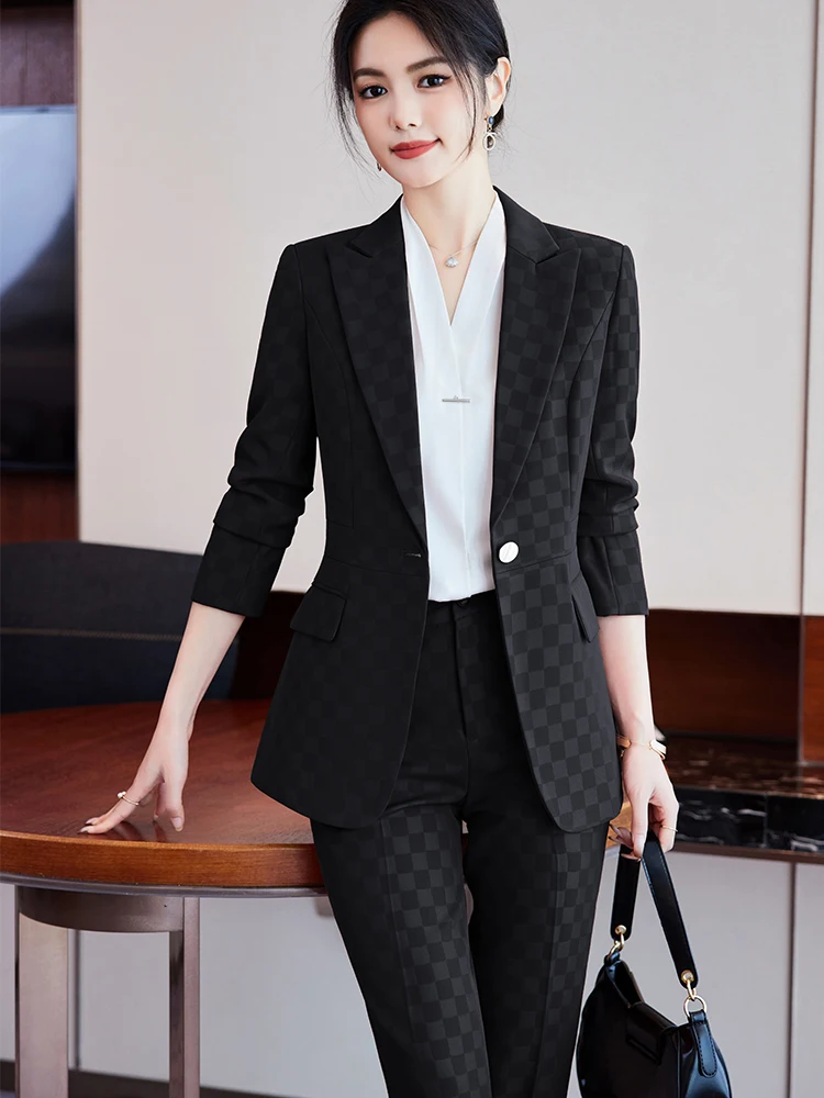 Completo da donna da ufficio completo da donna nero marrone rosso Plaid abbigliamento da lavoro femminile giacca Blazer e pantaloni formale Set da 2