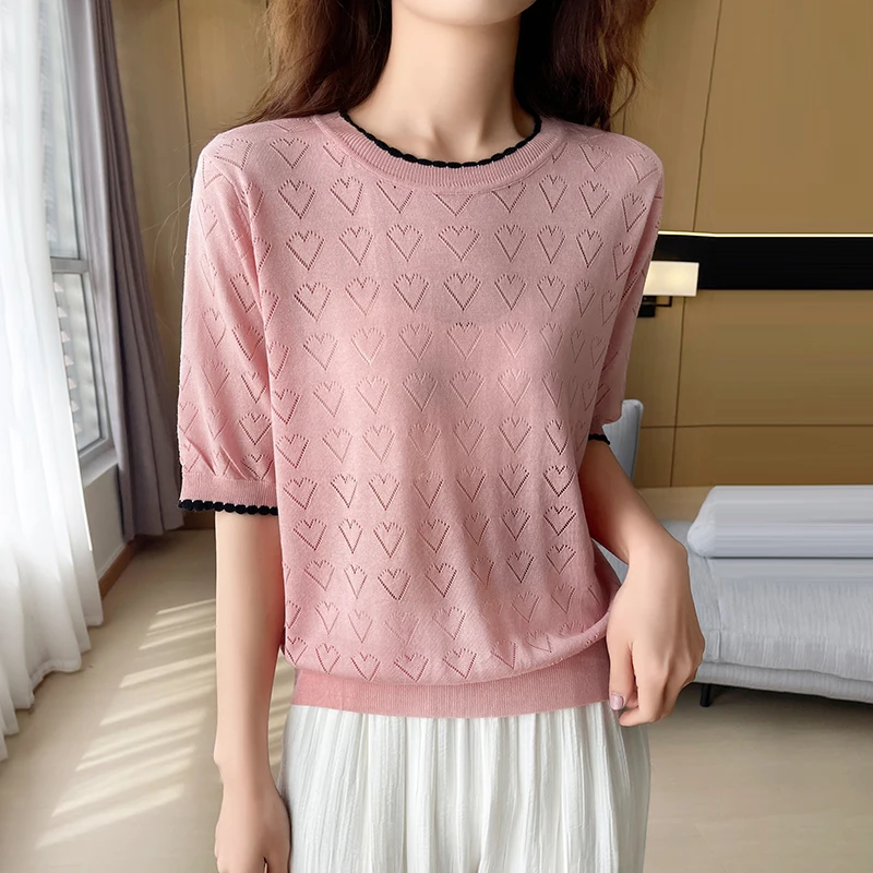 Summer New Short Sleeved Women's Round Neck Pullover Vest Lyocell 100% Tencel T-Shirt Fashion and Casual Knitted Sheer Thin Tops