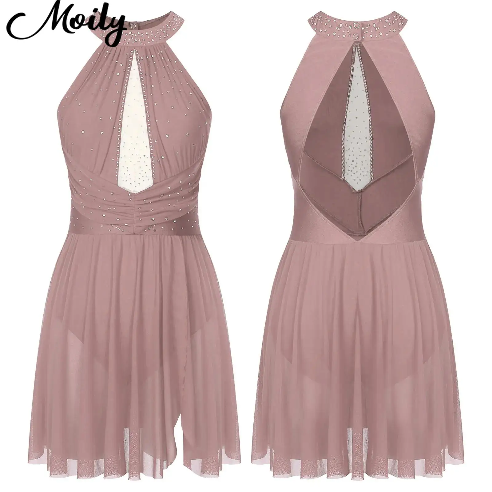 Womens Figure Skating Lyrical Dance Dress Glittery Rhinestones Ruched Mesh Backless Sleeveless Dress Modern Performance Costumes