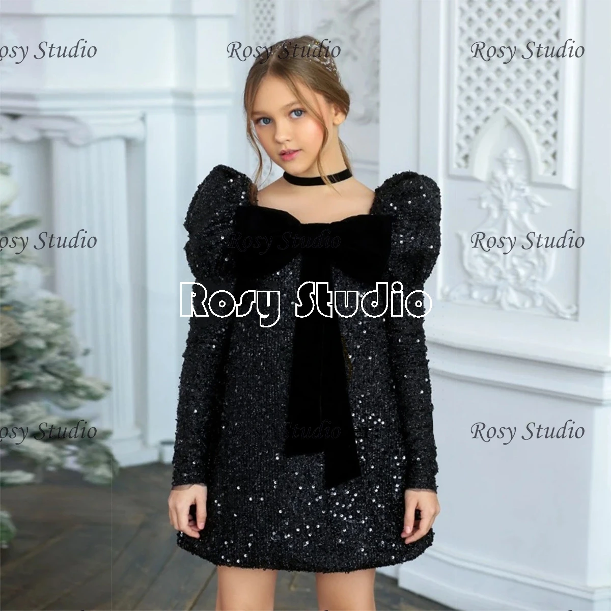 Vintage Winter Girl's Party Dresses Puff Sleeves Velvet Pageant Prom Gowns Long Sleeves A-line Sequin Bow Short Birthday Outfit