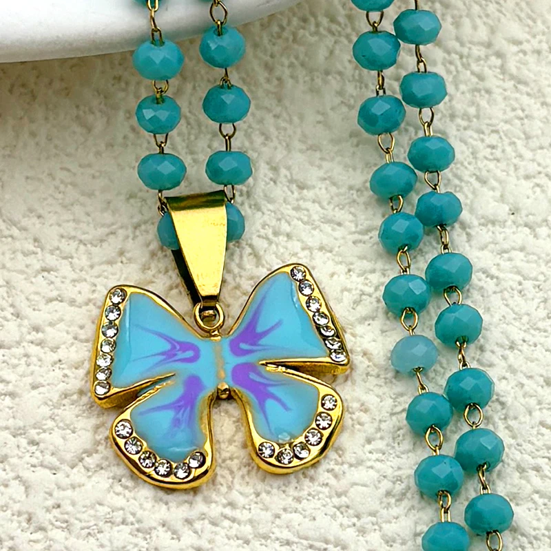 

Elegant Blue Butterfly Pendant Necklace For Women Girls Rhinestone Stainless Steel Gold Color Beads Chain Female Party Jewelry
