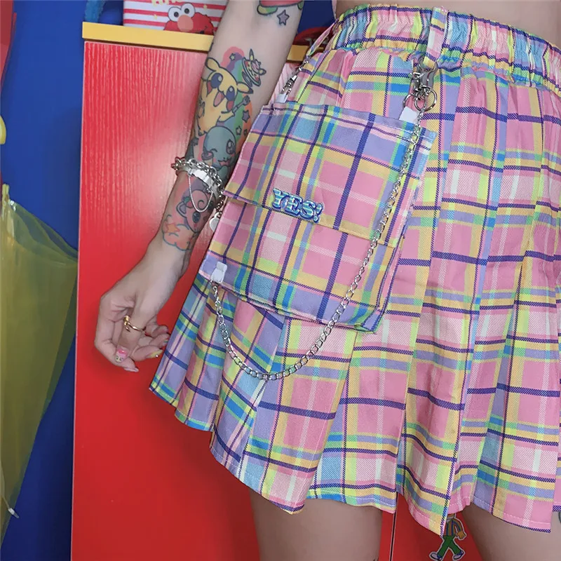 Harajuku Plaid Skirts Women Kawaii High Waist A-line Pleated Mini Skirts Rainbow Korean Japanese School Uniform