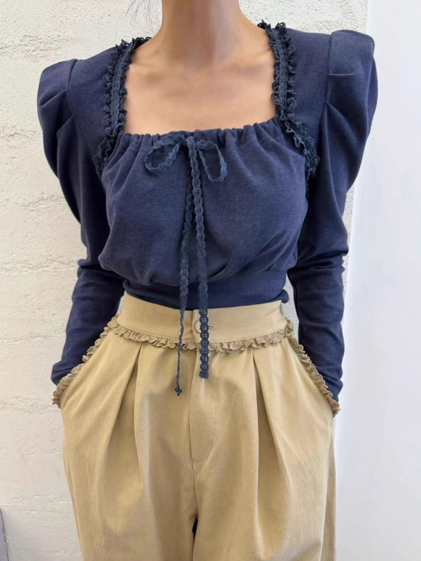 ريترو شيك المرأة irt مع ربطة القوس فيونكة فقاعة Sve ساحة طوق الربط الدانتيل تنوعا لخريف جديد وصول #4