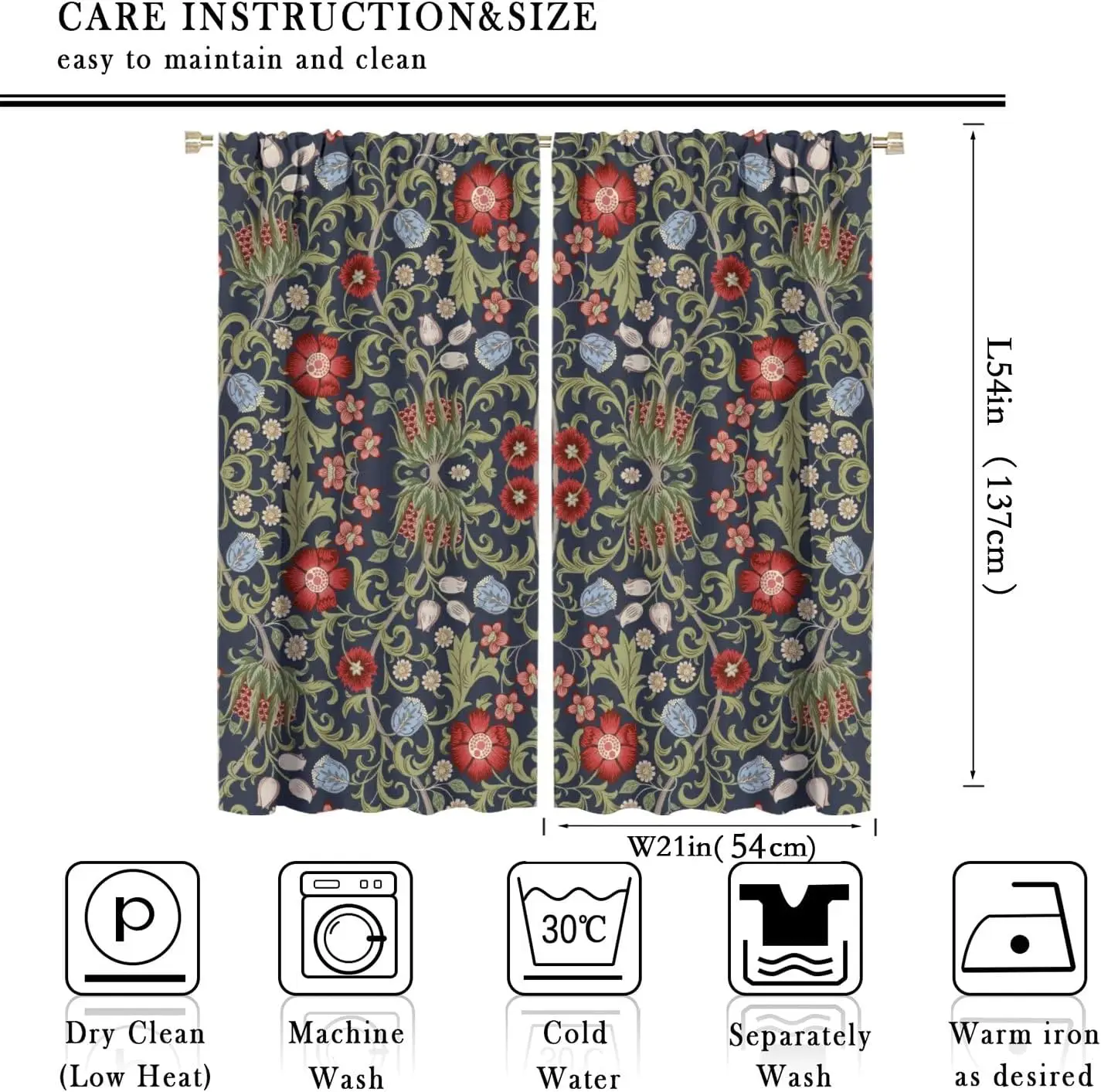 William Morris Curtains, Bohemia Floral Vintage Original Design Blackout Window Treatments for Farmhouse Bedroom Living Room
