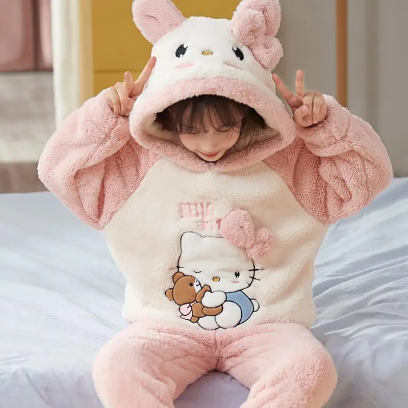 

Утепленная пижама Sanrio Hello Kitty для девочек, зимние теплые детские штаны с длинными рукавами, кавайный аниме, новый стиль, домашняя одежда