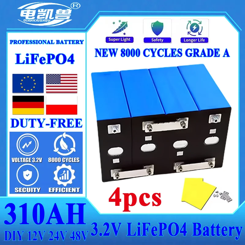 

4pcs New 3.2V 310Ah Lifepo4 Grade A Rechargeable Battery Lithium Iron Phosphate for Travel Solar RV Cells 12v 24v Cell Tax Free