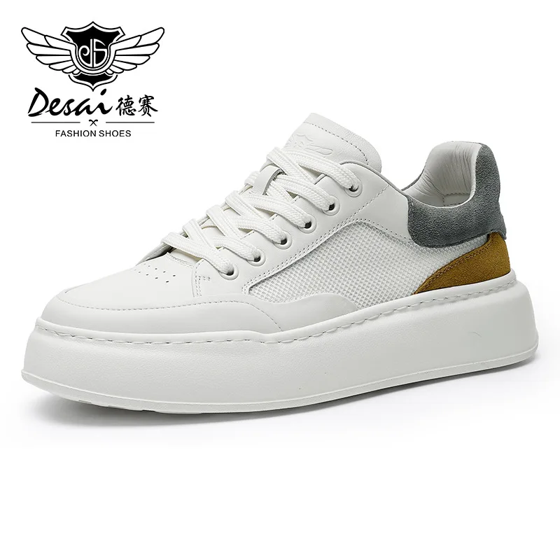 

Desai Casual Board Shoes New Summer Top Layer Cowhide Mesh Panel Breathable Thick Sole Men's Shoes Sports Little White Shoes