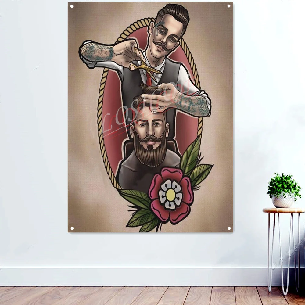 Barber Traditional Tattoo Art Banners Wall Hanging Flag Vintage Posters Prints Barber Shop Wall Decor Tapestry Canvas Painting