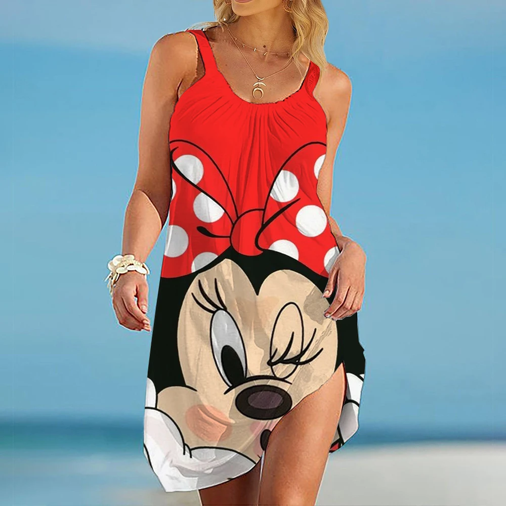 Minnie Mouse Eleganckie Sukienki Dla Kobiet Kobieta 2025 Disney Sukienka Plażowa Mickey Sukienka Moda Top Print Casual Loose Oversized Dyr