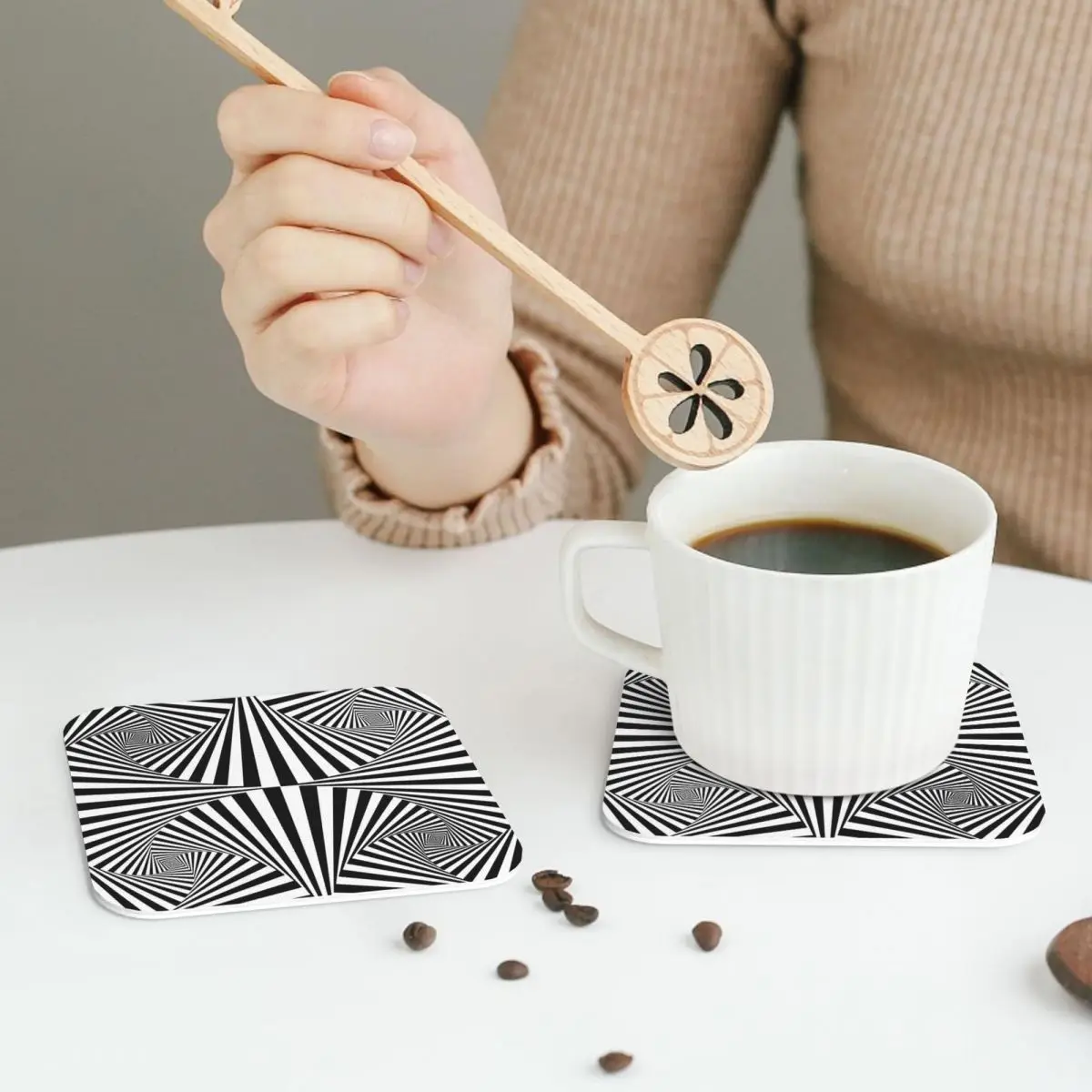 Black And White Retro Optical Illusion Coasters Leather Placemats Insulation Coffee Mat Home Kitchen Dining Pads Set of 4