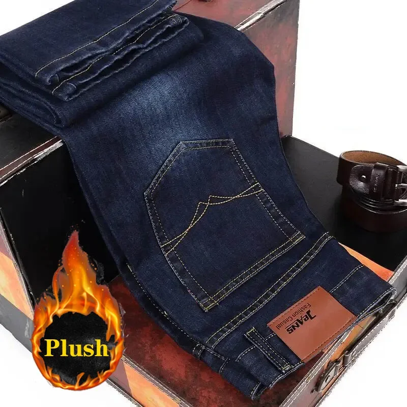 2025 New Business Casual Trousers Grey Fleece Men Clothes Black Blue Elasticity Warm Winter Jeans Velvet Jeans 28-40