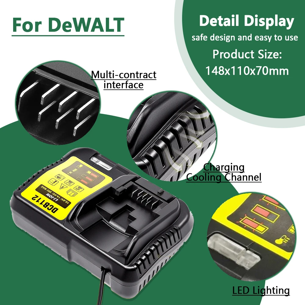 Cargador de batería de litio DCB112 para Dewalt, 12V, 14,4 V, 18V, 20V, DCB206, DCB205, DCB204, DCB203, DCB120,DCB107, DCB115, DCB105