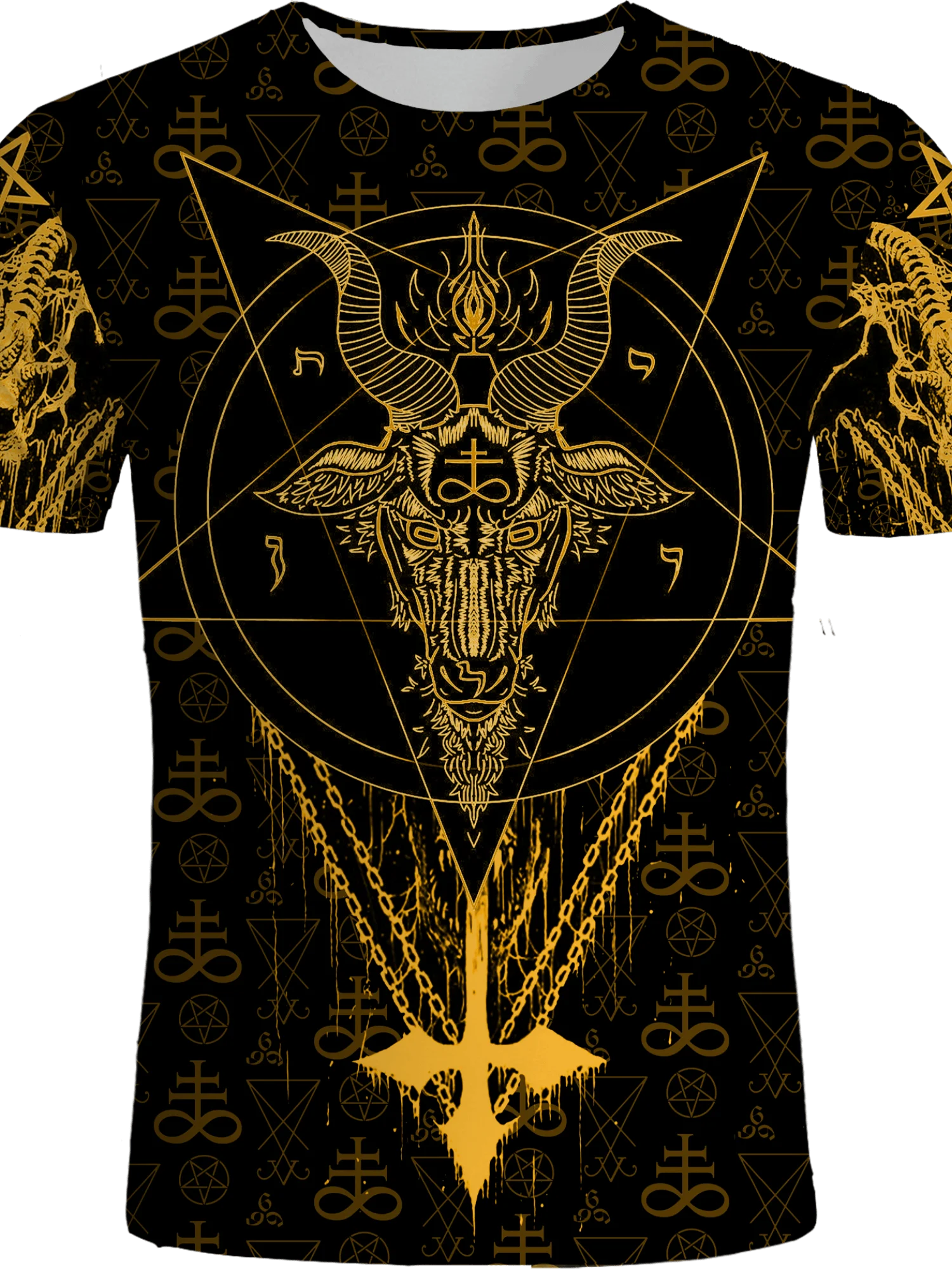 Camiseta abstrata geométrica impressa em 3D masculina e feminina – poliéster macio em negrito símbolos ocultos dourados pentagramas, crânios, luas