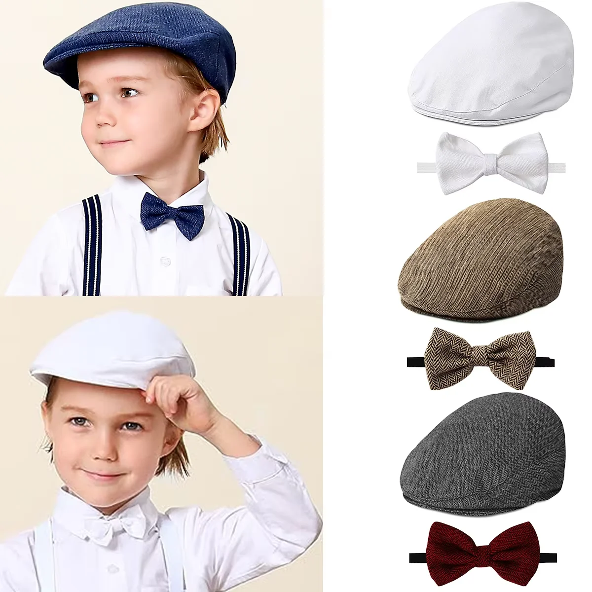

Baby Hat Kids Cap Toddler Birthday Baptism Accessorie Newborn Christening Newsboy Vintage Driver Beret with Bow Tie
