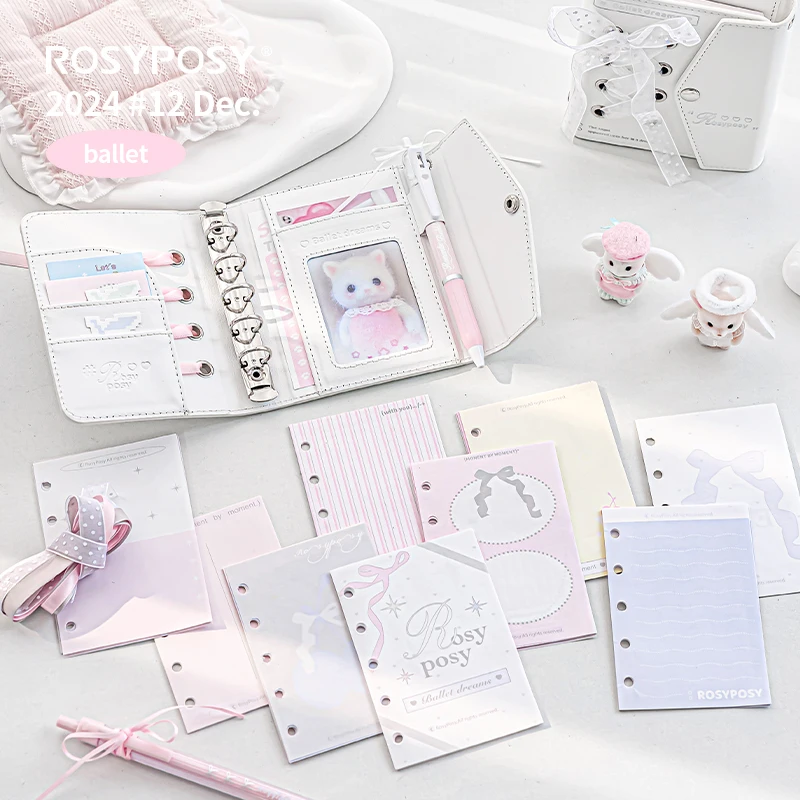 Kawaii Ballet Ribbon Binder M5 Notebook Silver Leather Journal Loose Leaf Girl Student Diary Notebook M5 다이어리 72pages
