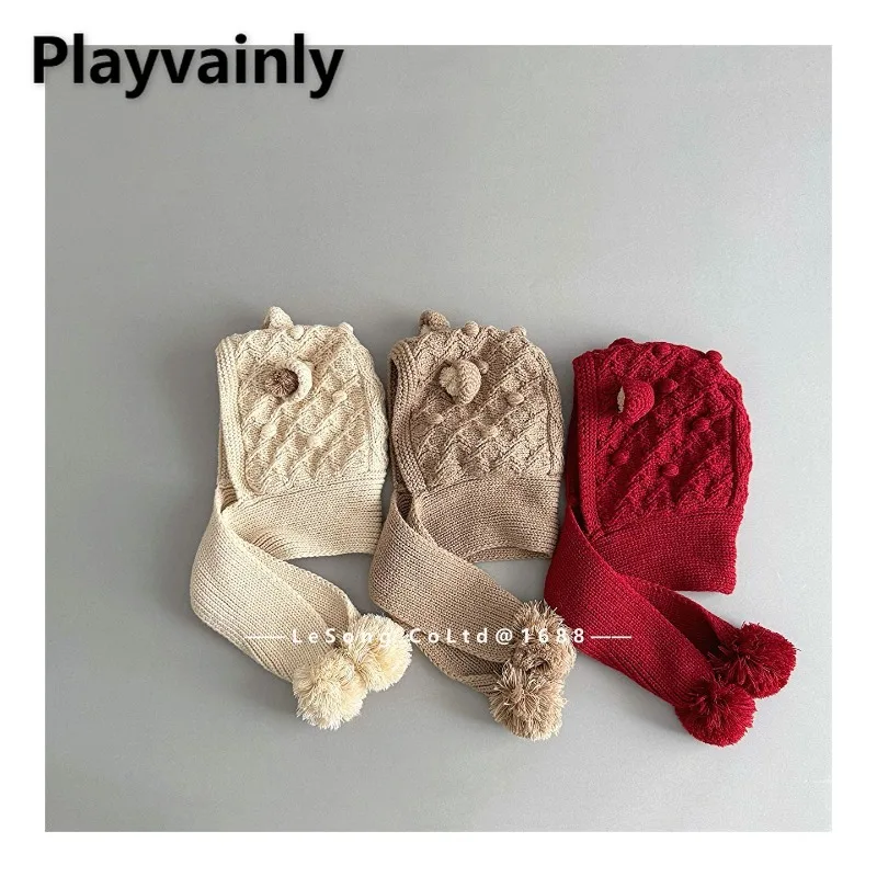 

2025 New Winter Toddler Knit Hat Scarf Set One Piece Cute Pom Pom Design Baby Warm Beanie Scarf Windproof Thick Cap H2333
