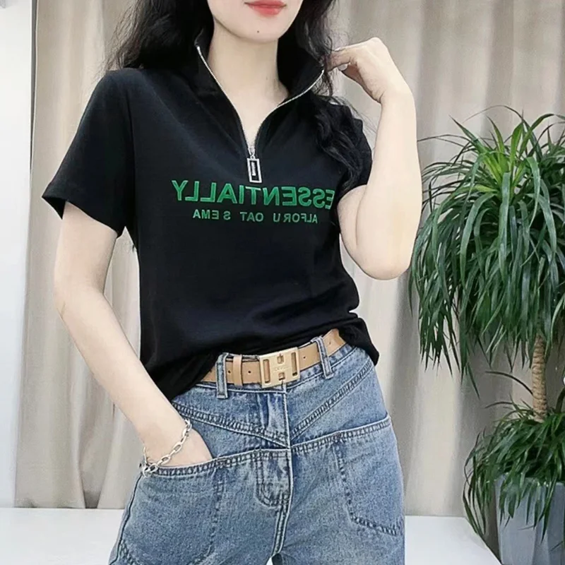 Polo Neck Shirt For Women Black Woman T Baggy Graphic Fashion 2024 Basic Korean Popular Clothes Pretty Offer Aesthetic Hot Style