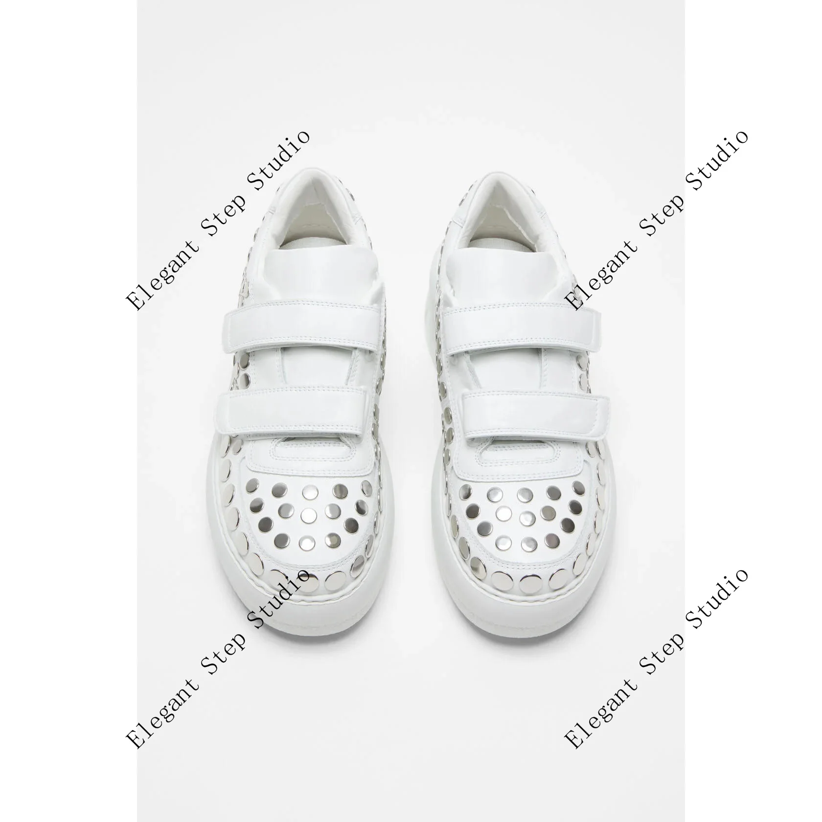 Women's Shoes Strap Platform Rubber Soles Sneakers Studded Round Toe Sole Height 4 Cm Studs