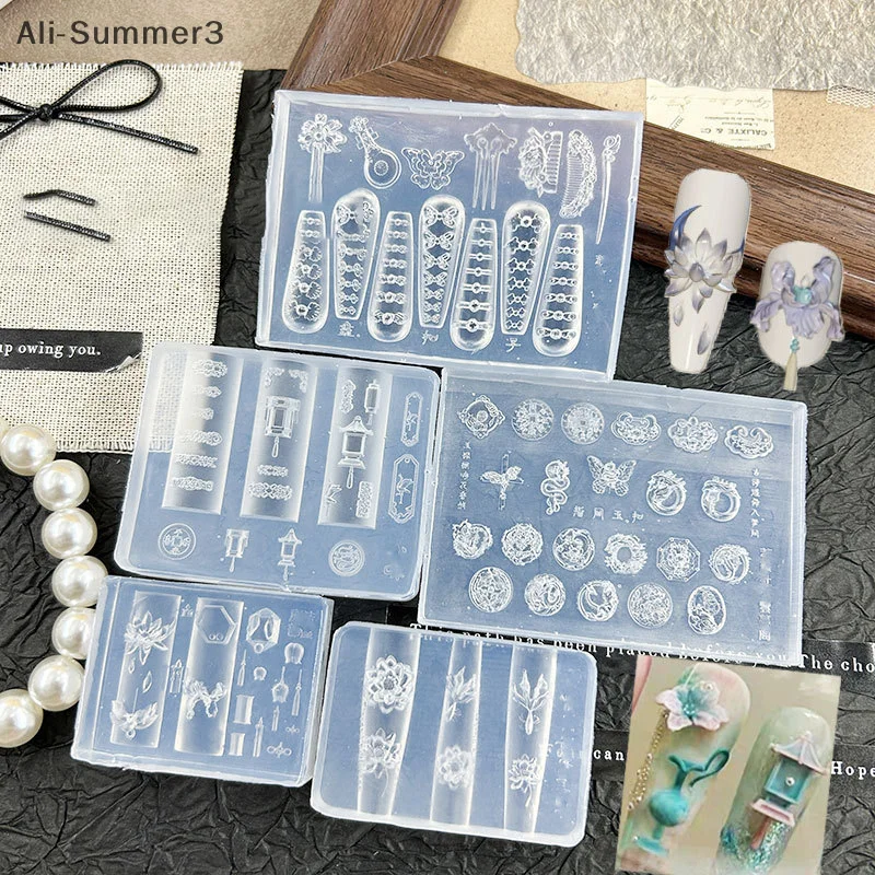 3D Silikon Nail art Form Vorlage Lotus Laterne Goldfisch Platte Schnalle Carving Schablone Werkzeug DIY Design Maniküre Charme Dekor