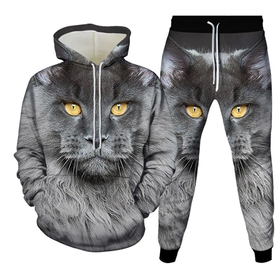 الخريف مضحك الحيوان القط ثلاثية الأبعاد مطبوعة هوديي البدلة الرجال بلوزات Sweatpants موضة عادية قطعتين طقم رياضي رجل الملابس
