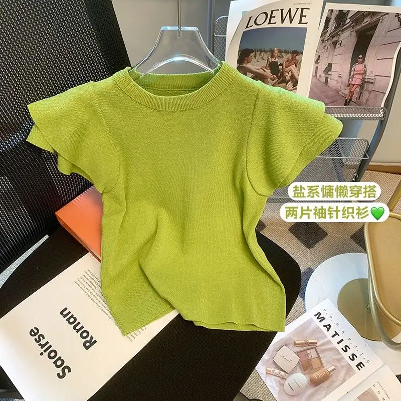 French Sweet Ruffle Sleeve Short Knitted T-shirt Women\'s Spring/summer 2023 New Beautiful Shirt Design Sense Sweater Top