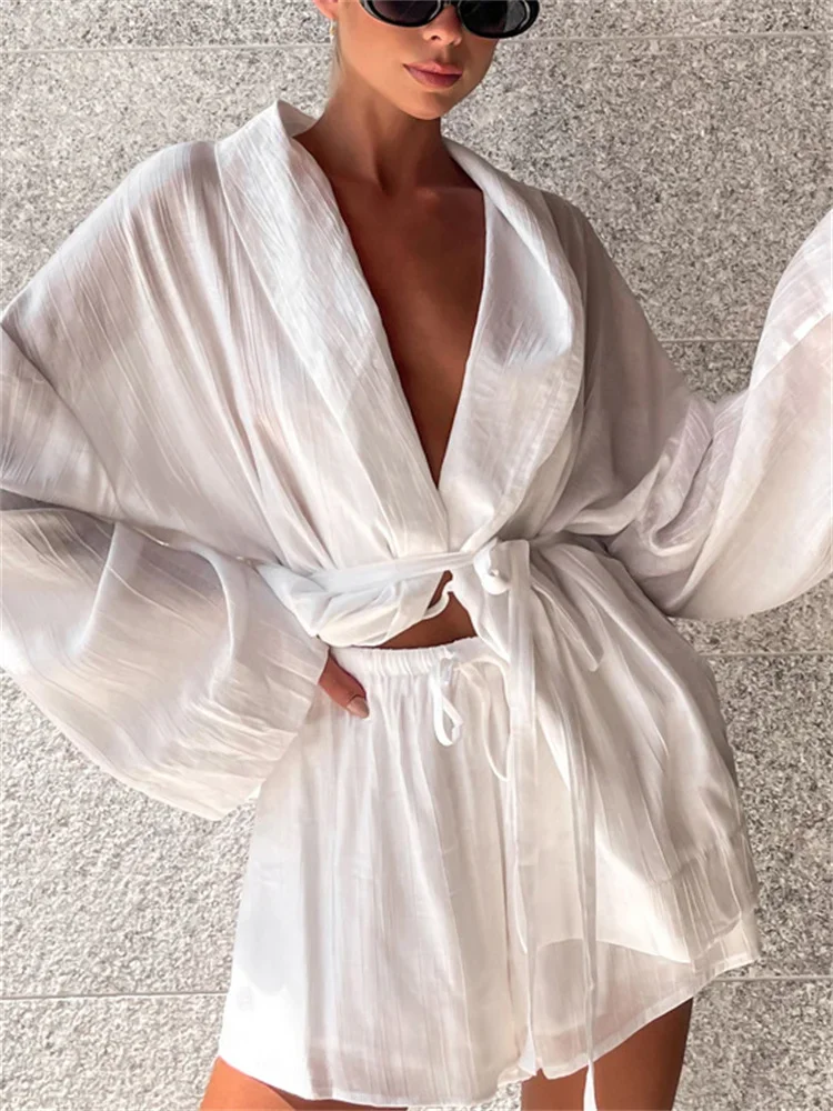 

White Lace-Up 2 Piece-Set Shorts For Women Casual Loose Bandage Cardigan Coat And High Waist Shorts Sets Female Outfits