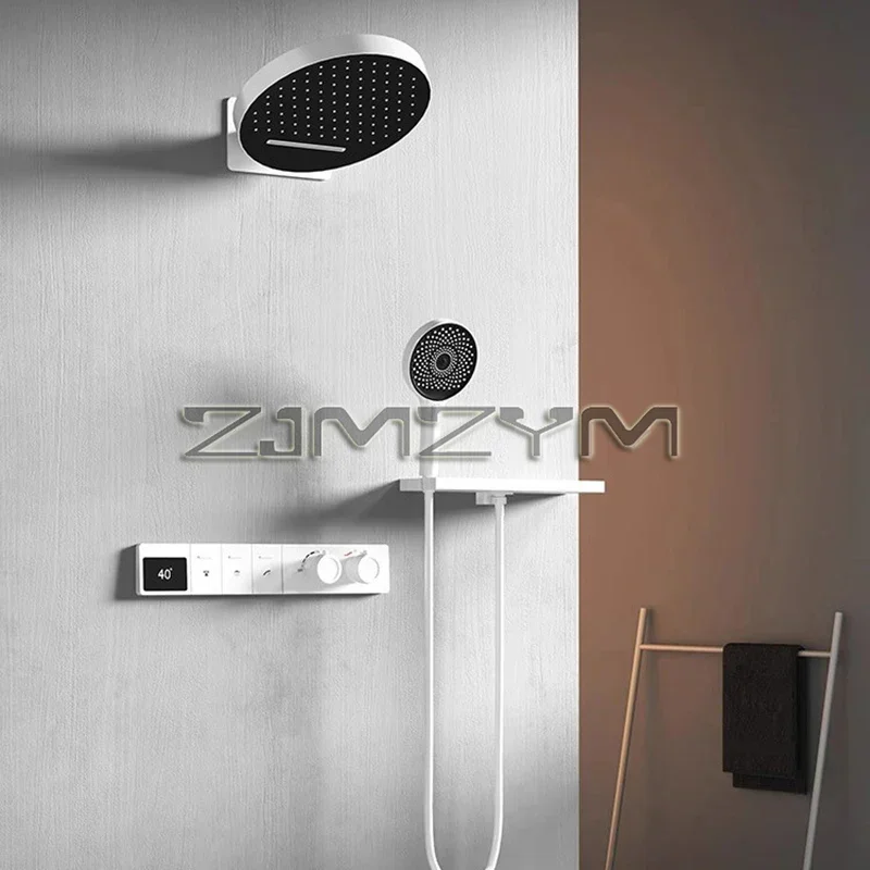 

Smart Shower System with Shelving and Concealed Rainfall, Thermostat, LED Display and Rainfall Showerhead Set