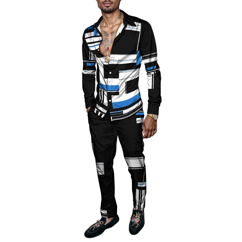 

2026 Fashion Men Shirt Set Geometry Print Summer Simple 2 Piece Mens Gradient Lightweight Party Long Sleeves Suit Ropa Hombre