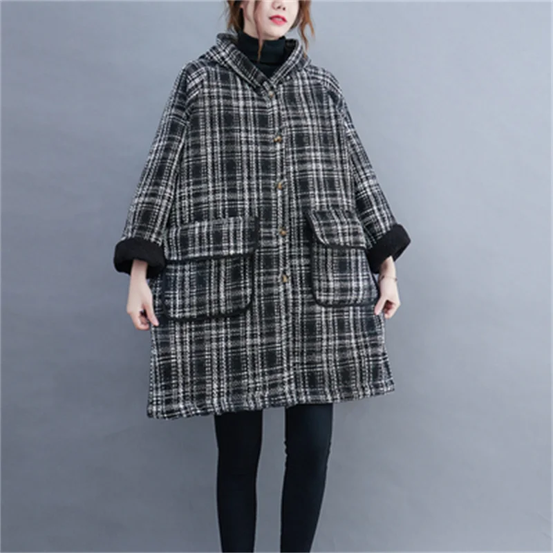 

For Women's Autumn Winter 2022, The New Hooded Plaid Jacket is Added With Plush and Thickened Korean Loose Long-sleeved Cotton X