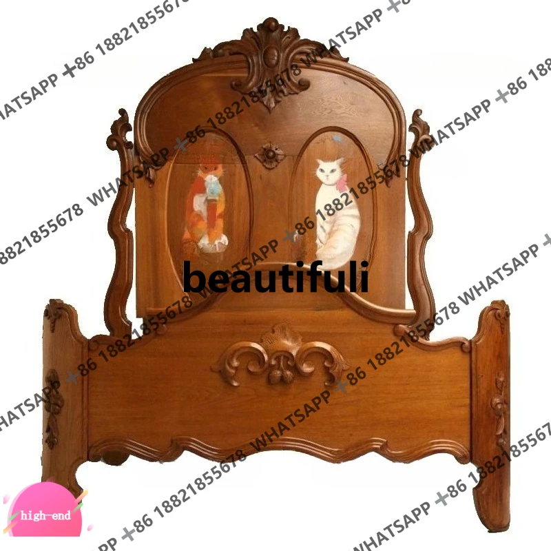 

Винтажная кровать из массива дерева с резным изголовьем, окрашенная, с высокой спинкой, для главной спальни