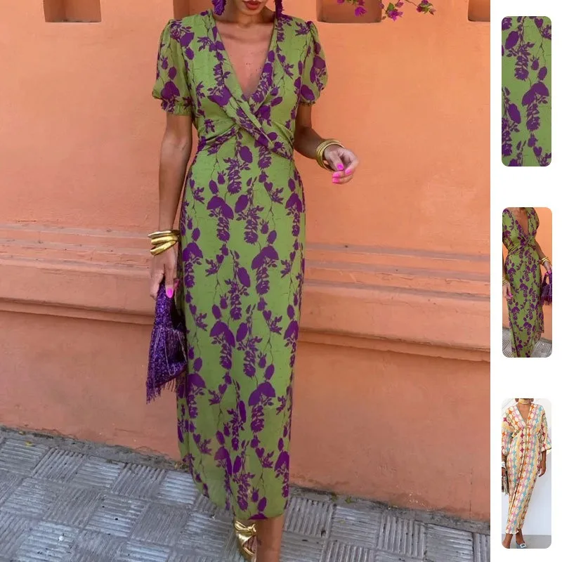 European Elegant Short Sleeve Maxi Dress Contrast Color Printed Slim Fit Long Dress Women Summer Daily Vacation Outfit