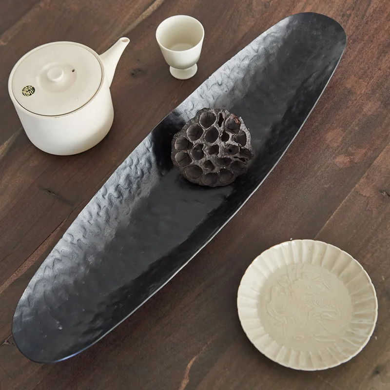 Modern light luxury aluminum gold and silver bark pattern metal long boat tray fruit plate home decoration plate ornament