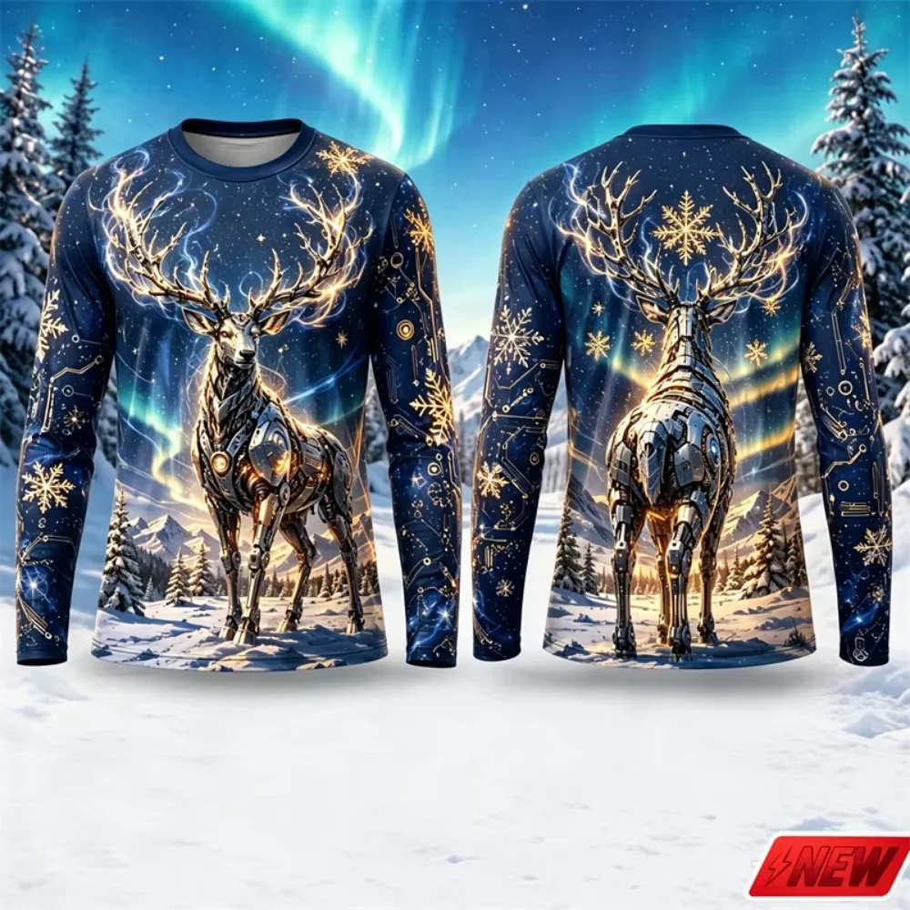 Christmas Long Sleeve T-Shirt Men 3D Printing Mechanical Robot Reindeer Snow Mountain Pattern Tee Xmas Holiday Daily Unisex Tops
