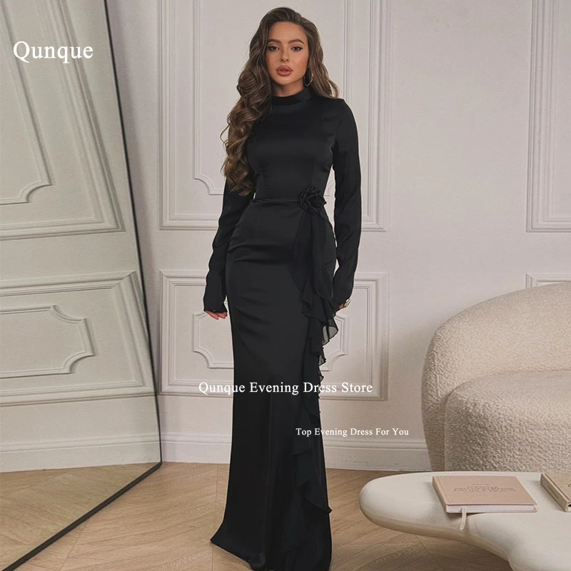 

Qunque Black Mermaid Evening Dresses Long Sleeve Formal Dress One Handmade Flower Prom Gowns Customized فساتين للمناسبات الرسمية