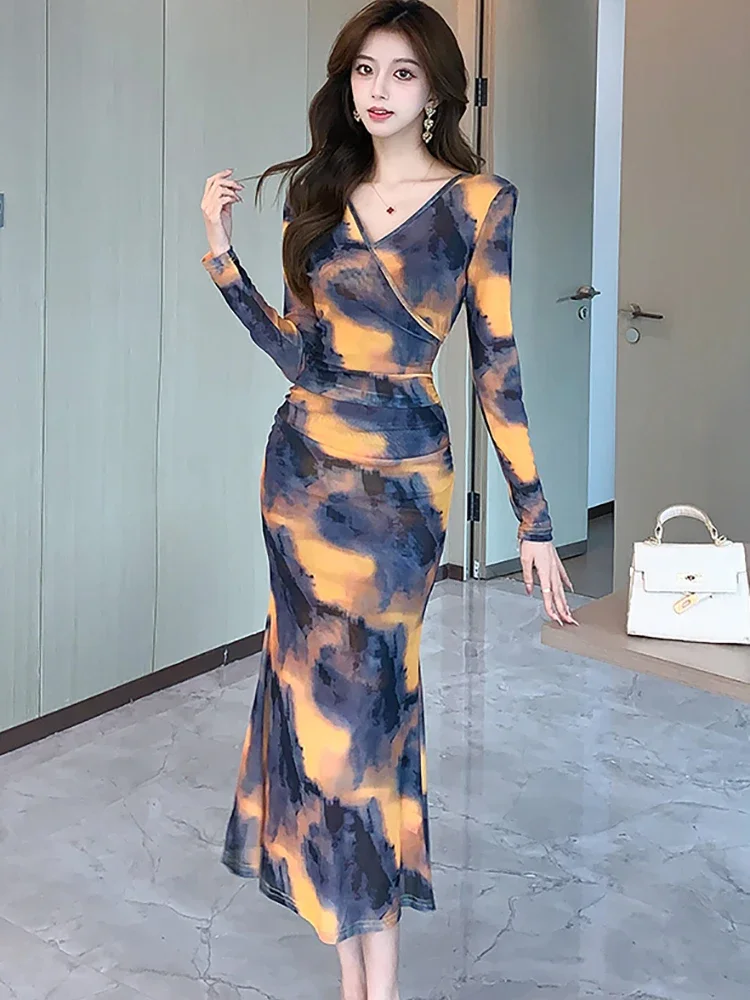 2025 New Print Long Sleeve V-Neck Chic Ruffled Long Dress Women Elegant Casual Home Dress Autumn Korean Bodycon Festival Dresses