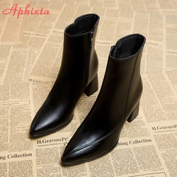 Aphixta 6.5cm High Heel Ankle Boots Patent Leather Women Winter Boots Pointed Toe Elegant Zip Concise Black Footwear Women Shoes