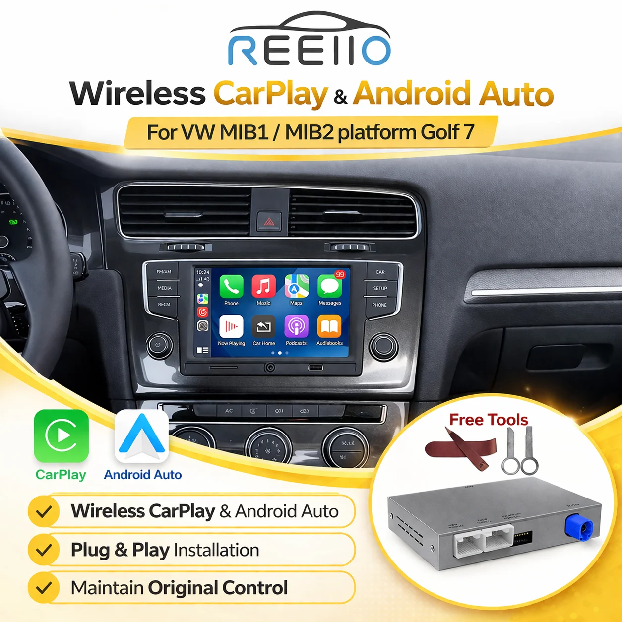 REEIIO MIB Kabelloses CarPlay Android Auto für VW Golf 7 GTI Passat B8 Tiguan Polo Jetta T-Roc Teramont T-Cross Spiegelverbindung GPS BT
