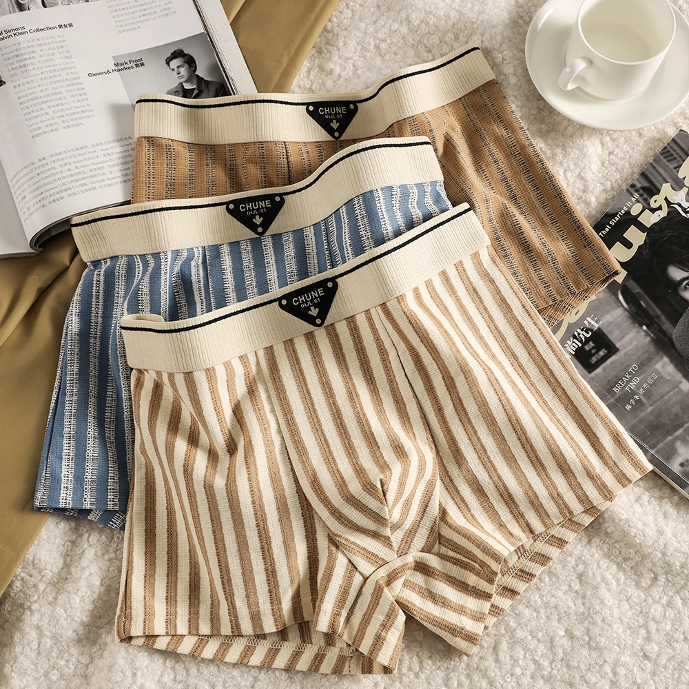 

3PCS/Pack 100% Cotton Fashion Knitted Striped Men's Panties Hygroscopic Breathable Underpants Soft High Elastic Waist Boxers Man