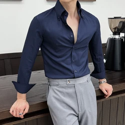 High-quality autumn men's new long-sleeve dark striped slim-fit shirt business casual formal workwear M-4XL