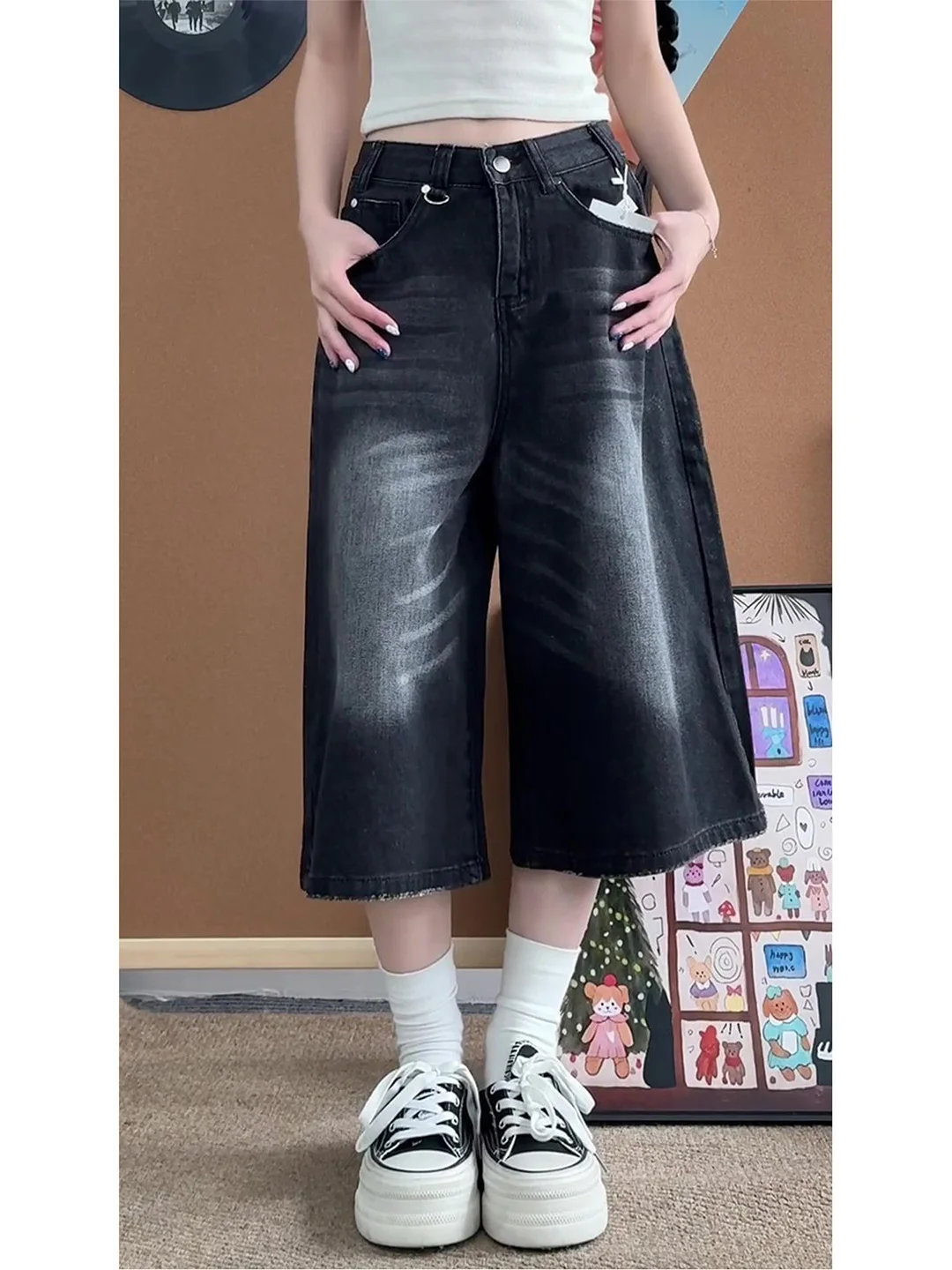 

High Waist Wide Leg Jeans Shorts Women's Vintage Faded Straight Cut Summer Breathable Comfortable Pure Color Short Pants